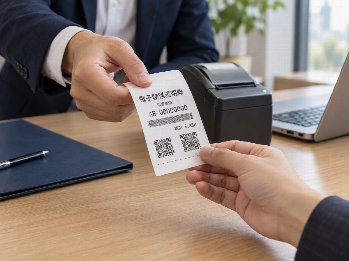 企業人員在辦公桌前交付電子發票證明聯示意樣張，搭配印表機與筆電