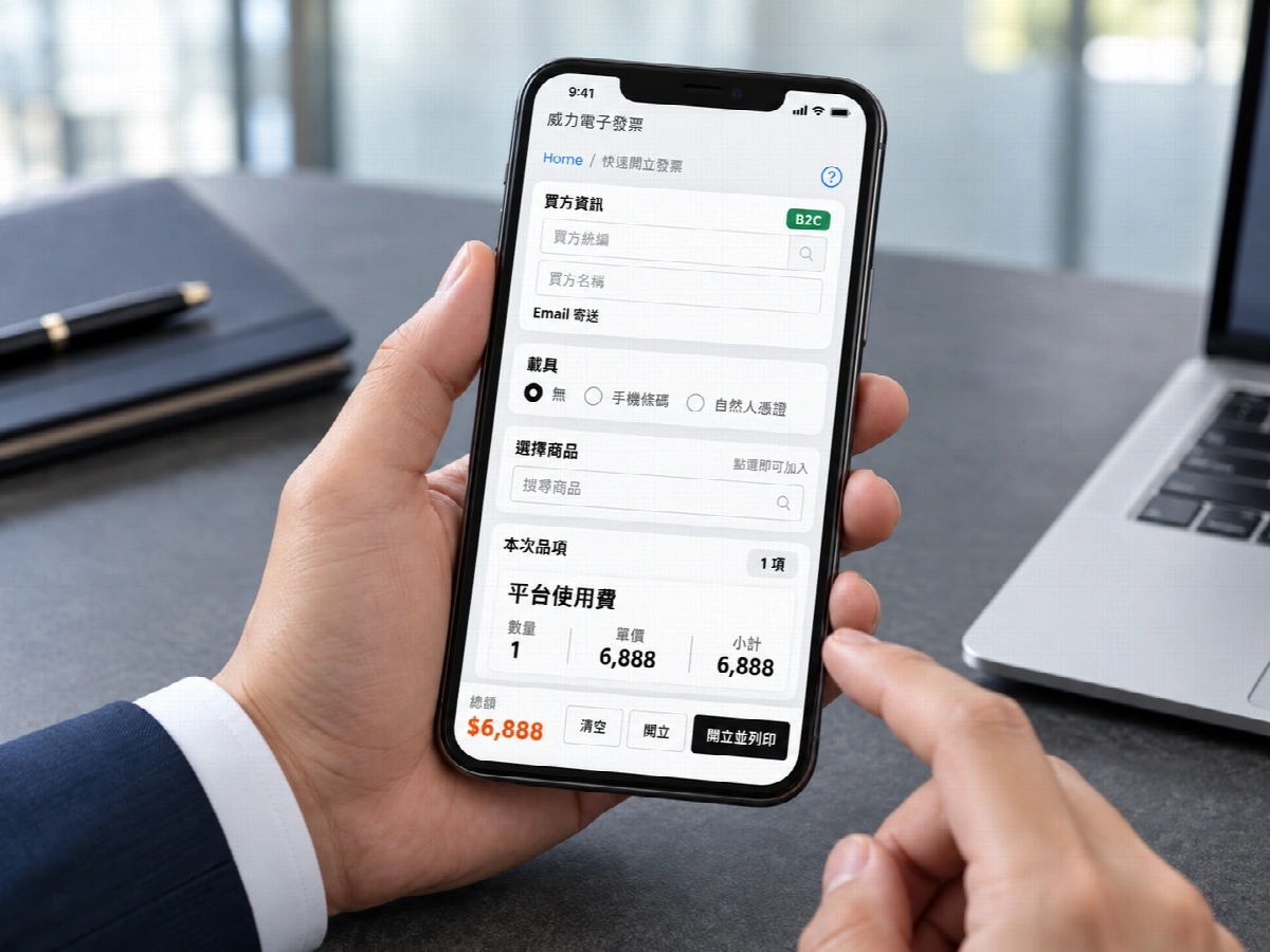 手機顯示威力快速開立畫面：平台使用費一筆，數量 1、單價與總額 6,888