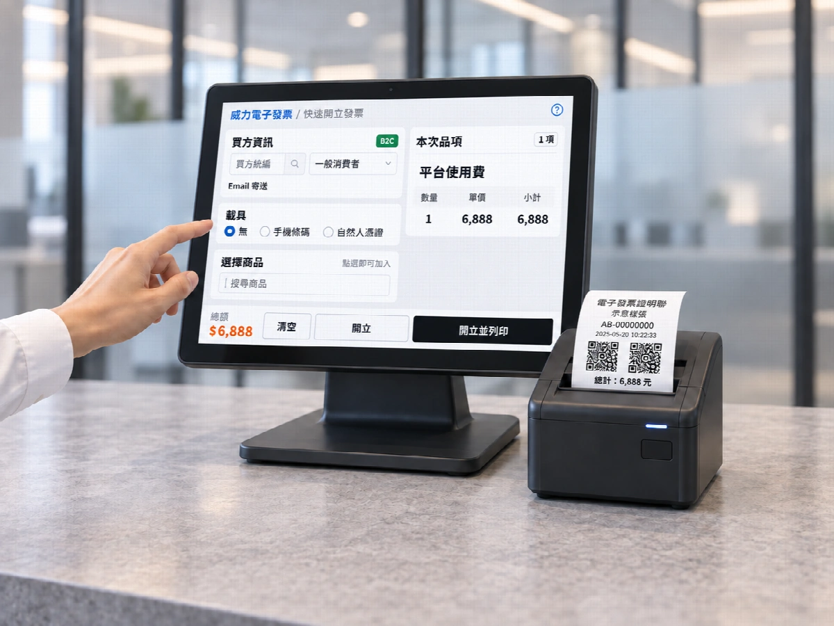 POS 顯示威力快速開立畫面：平台使用費一筆，數量 1、單價與總額 6,888