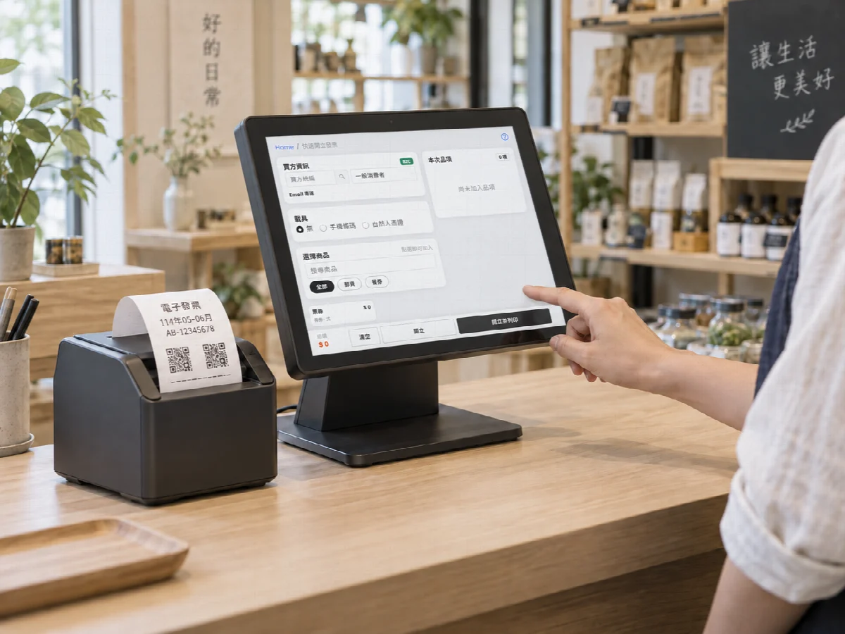 操作門市 POS 機，搭配印表機開立發票的情境